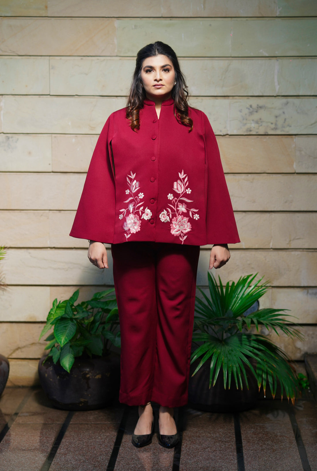 Burgundy Bloom Cape Coat