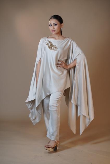 Ivory Elegance Embroidered Cape Pant Set