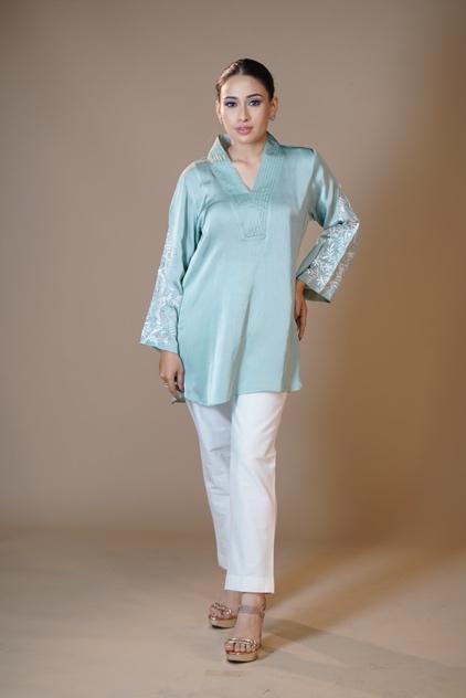 Embroidered Aqua Pant set